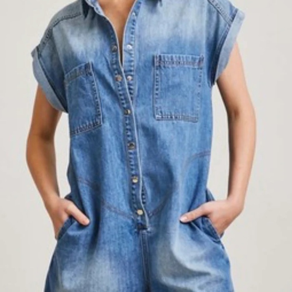 Better Be Denim Romper | Button-Up Short Sleeve One-Piece | Rolled Cuff Shorts
